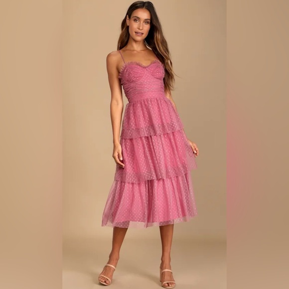 Lulus Dresses & Skirts - Lulus Sweetheart Style Mauve Polka Dot Bustier Tiered Midi Dress Sz Large